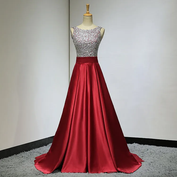 Lovely Satin Red Sequins Backless Satin Long Prom Dress, New Prom Dress