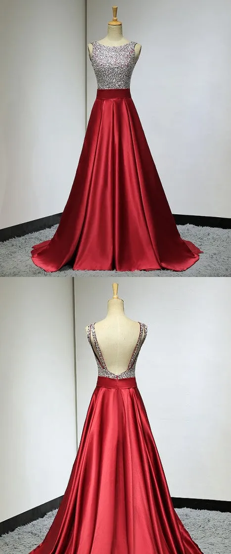 Lovely Satin Red Sequins Backless Satin Long Prom Dress, New Prom Dress