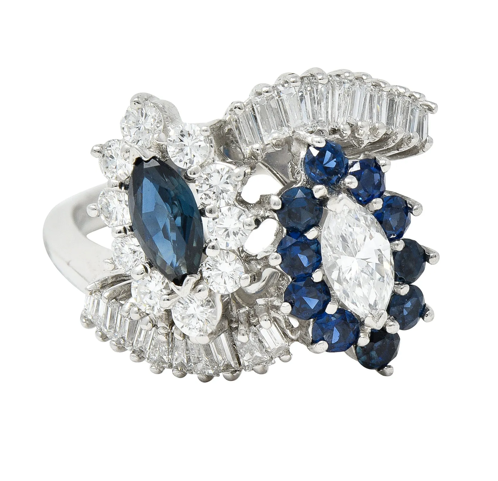 Mid-Century 1.68 CTW Marquise Cut Sapphire Diamond Platinum Clustered Vintage Bypass Ring