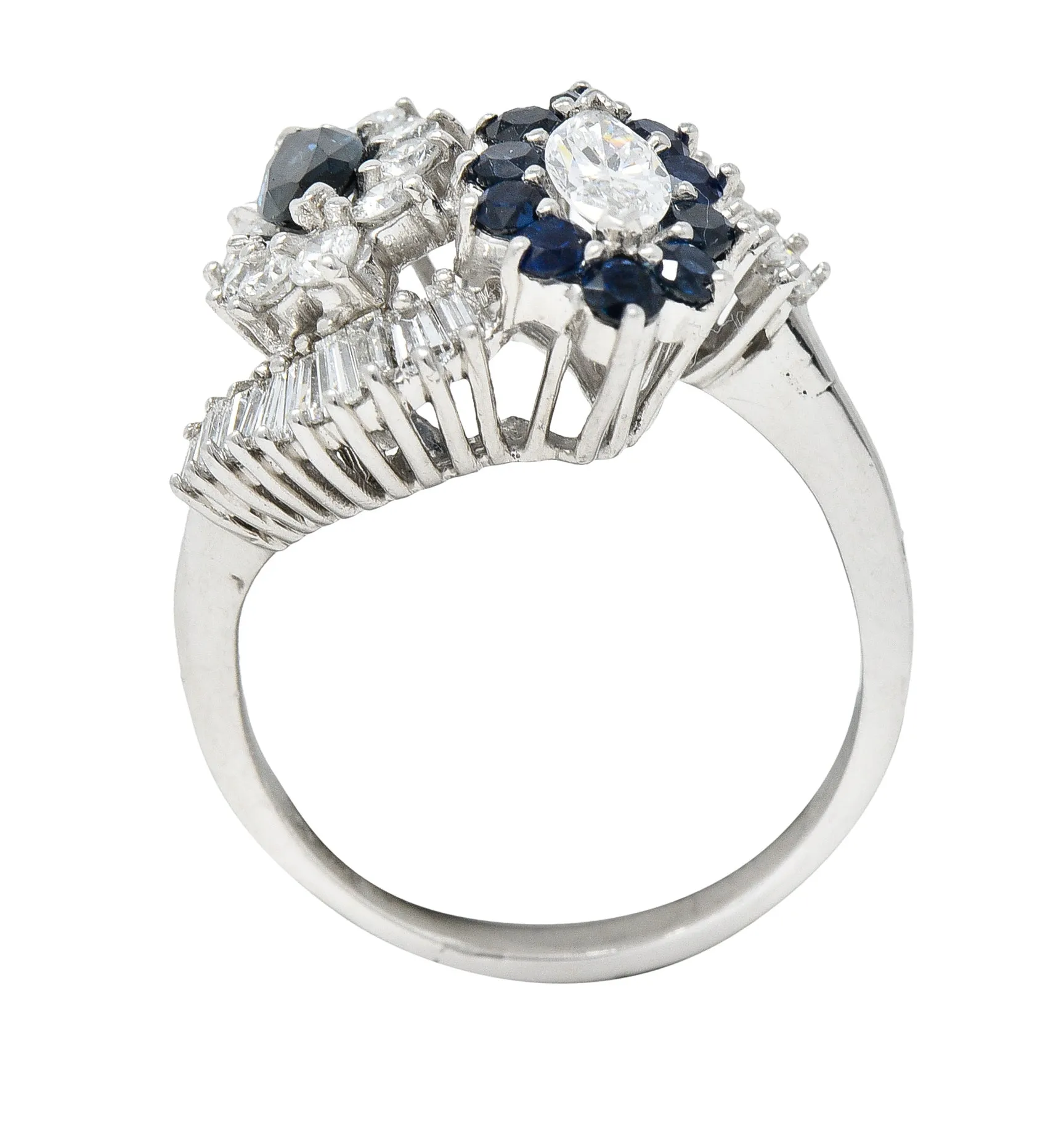 Mid-Century 1.68 CTW Marquise Cut Sapphire Diamond Platinum Clustered Vintage Bypass Ring