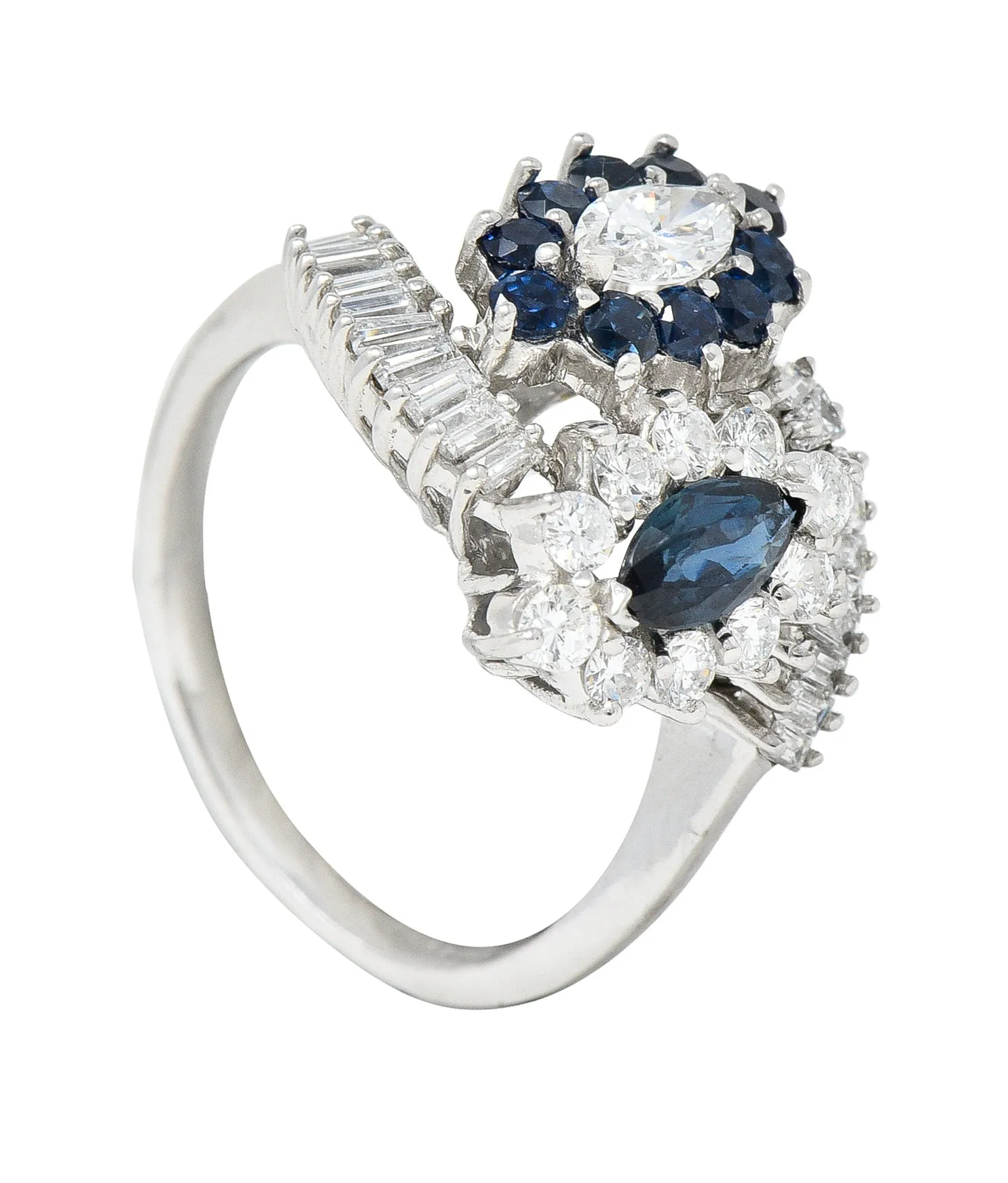 Mid-Century 1.68 CTW Marquise Cut Sapphire Diamond Platinum Clustered Vintage Bypass Ring