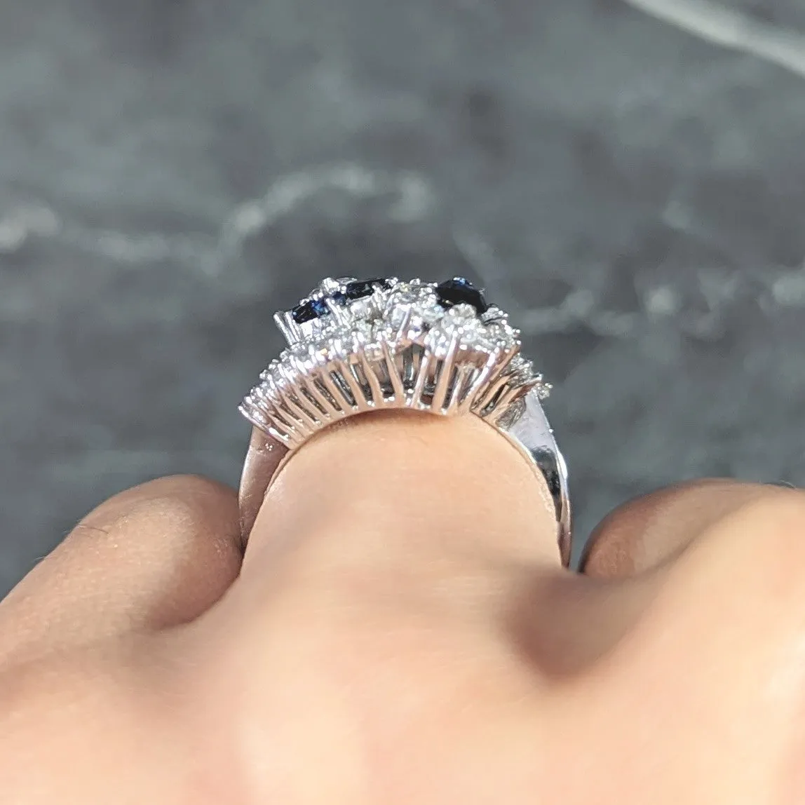 Mid-Century 1.68 CTW Marquise Cut Sapphire Diamond Platinum Clustered Vintage Bypass Ring