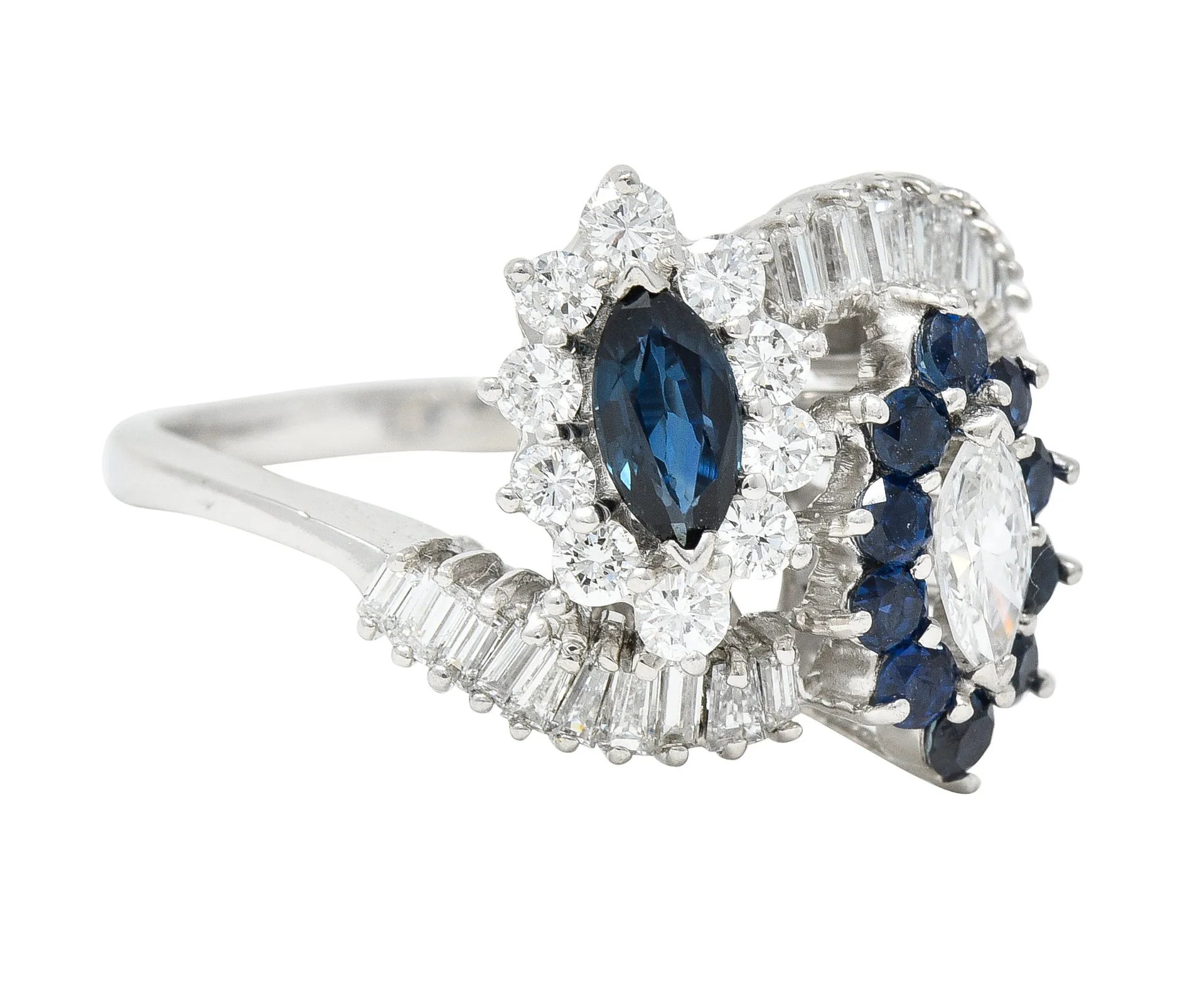 Mid-Century 1.68 CTW Marquise Cut Sapphire Diamond Platinum Clustered Vintage Bypass Ring