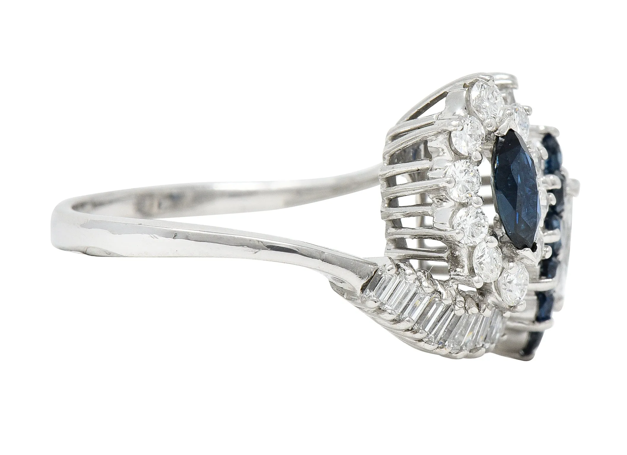 Mid-Century 1.68 CTW Marquise Cut Sapphire Diamond Platinum Clustered Vintage Bypass Ring