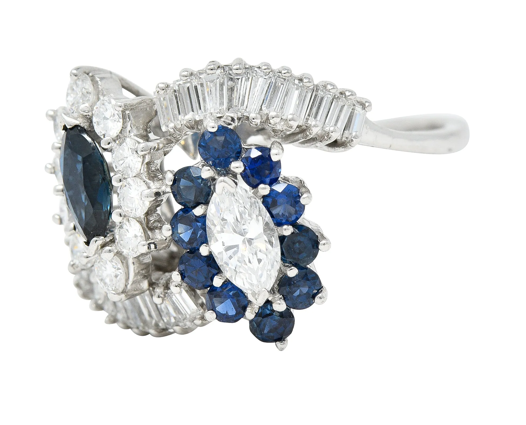 Mid-Century 1.68 CTW Marquise Cut Sapphire Diamond Platinum Clustered Vintage Bypass Ring