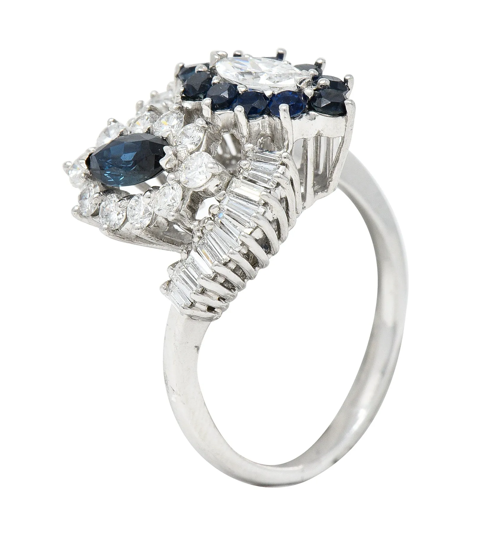 Mid-Century 1.68 CTW Marquise Cut Sapphire Diamond Platinum Clustered Vintage Bypass Ring