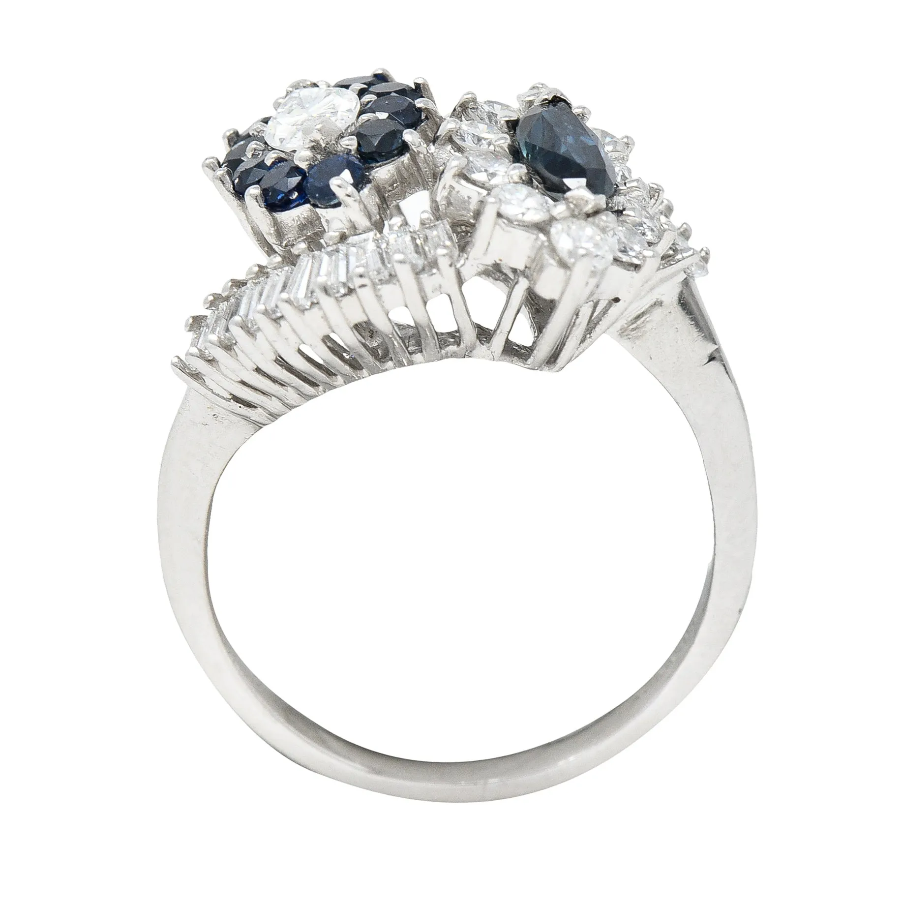 Mid-Century 1.68 CTW Marquise Cut Sapphire Diamond Platinum Clustered Vintage Bypass Ring