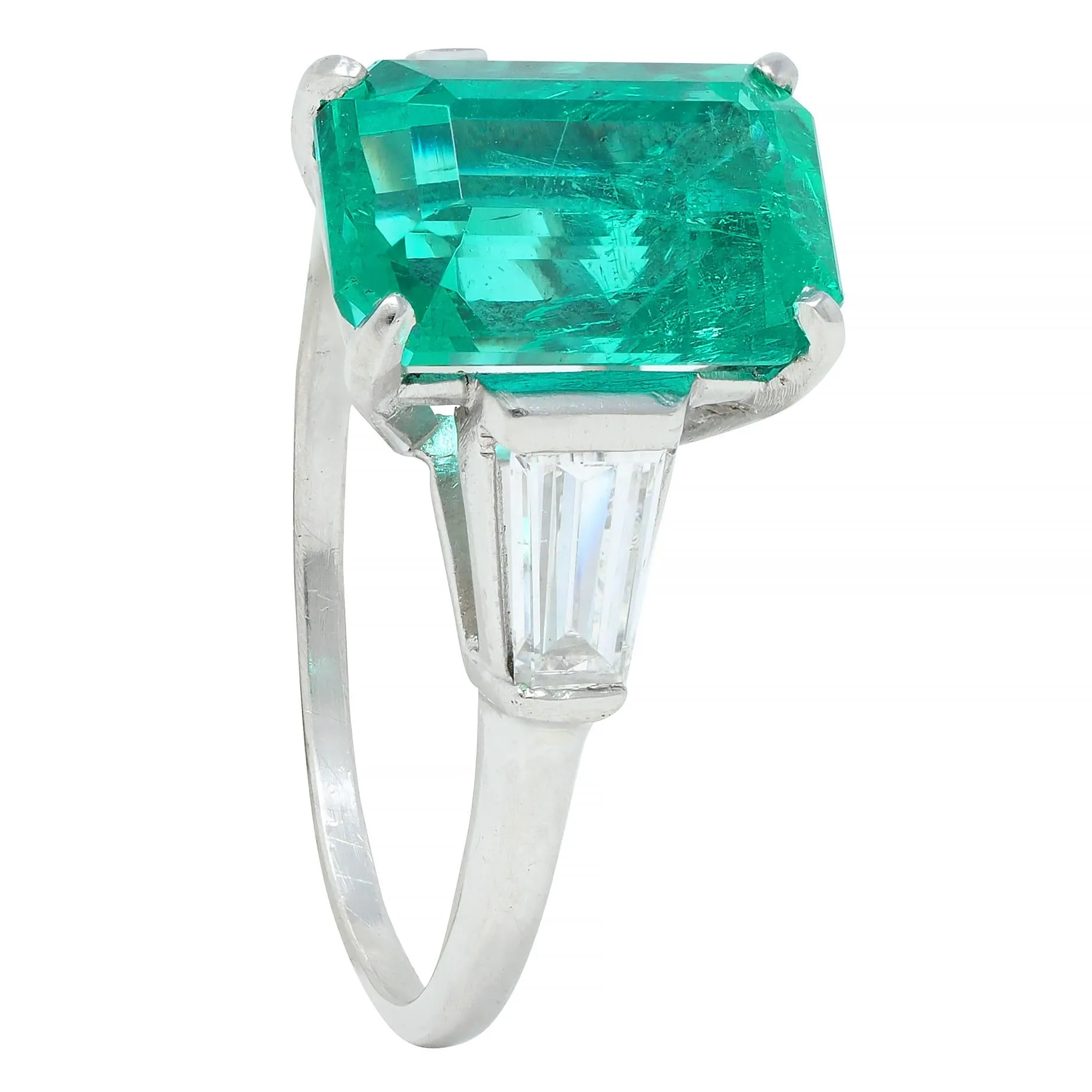 Mid-Century 3.43 CTW Colombian Emerald Diamond Platinum Three Stone Vintage Ring AGL