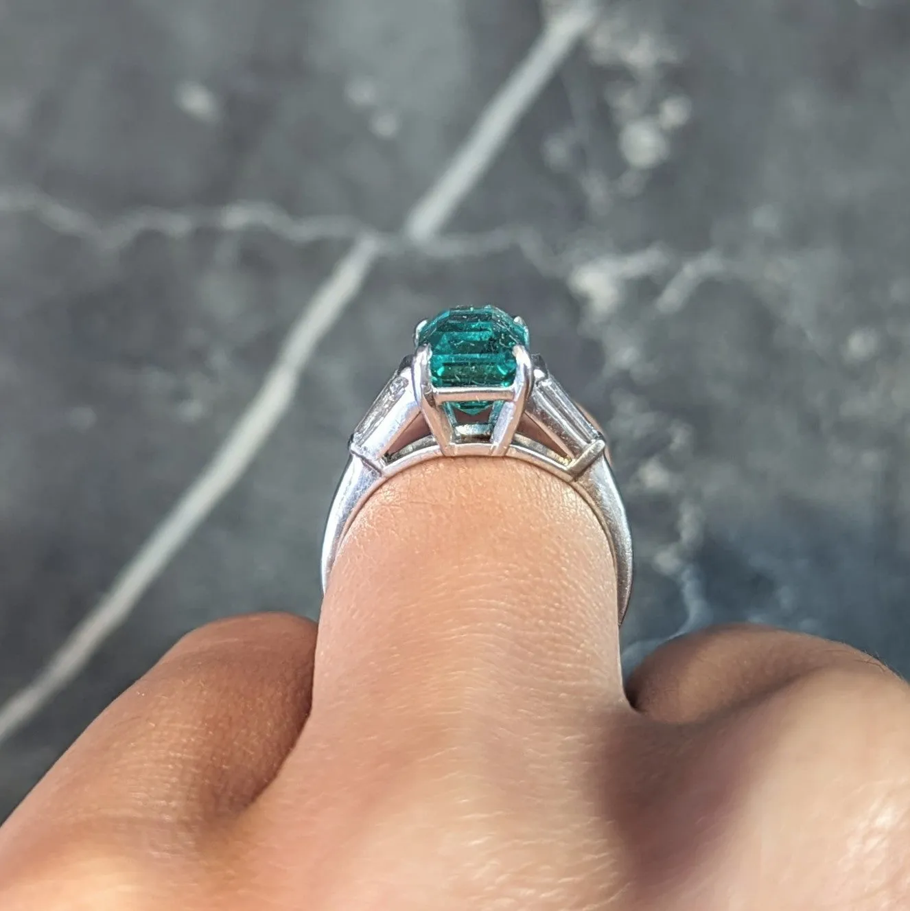 Mid-Century 3.43 CTW Colombian Emerald Diamond Platinum Three Stone Vintage Ring AGL