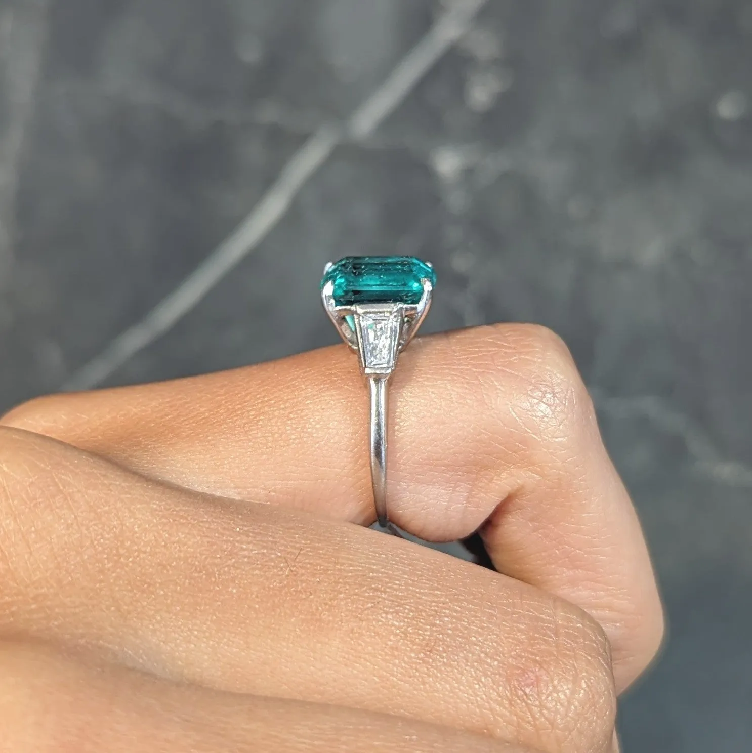 Mid-Century 3.43 CTW Colombian Emerald Diamond Platinum Three Stone Vintage Ring AGL