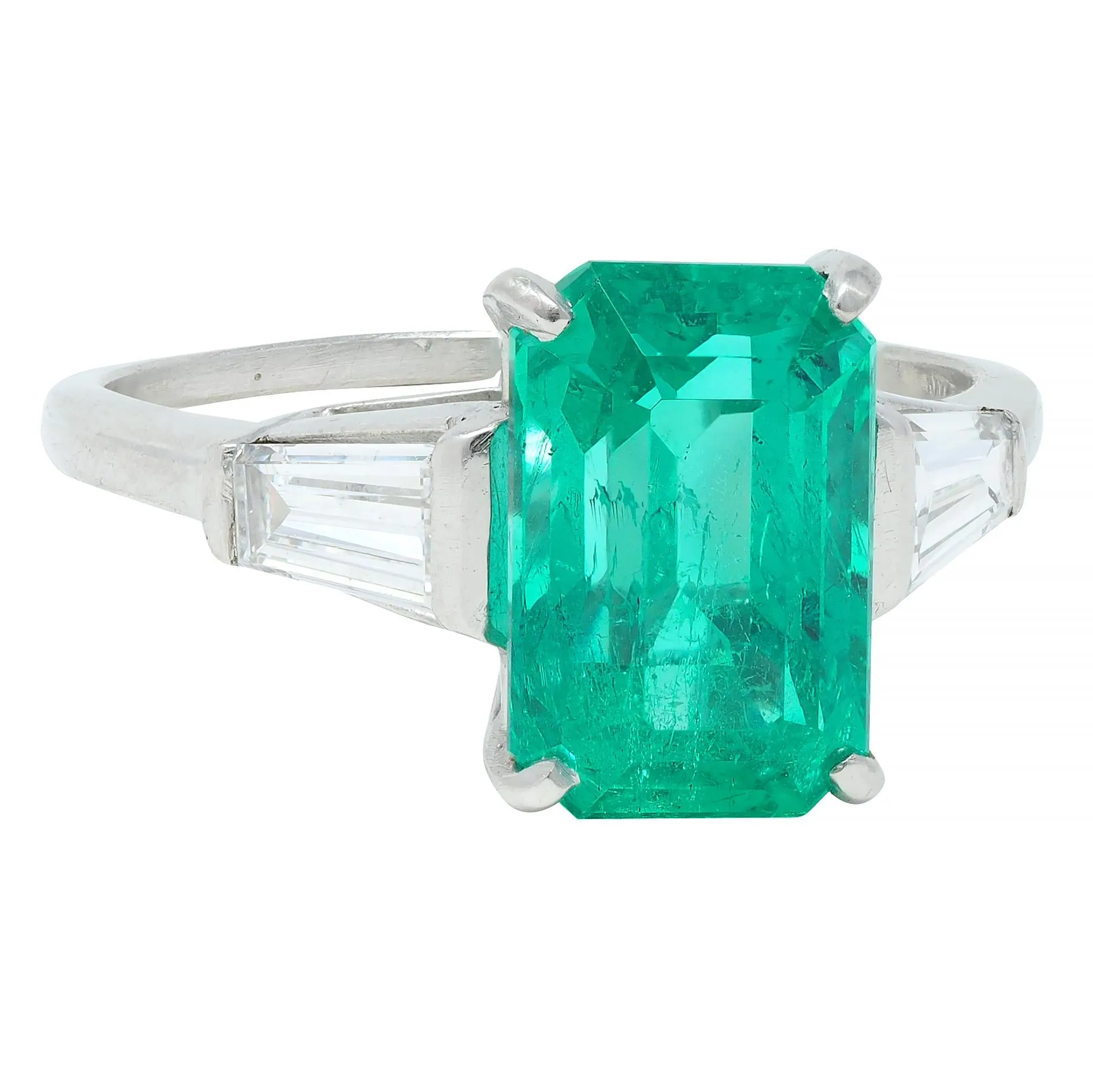 Mid-Century 3.43 CTW Colombian Emerald Diamond Platinum Three Stone Vintage Ring AGL