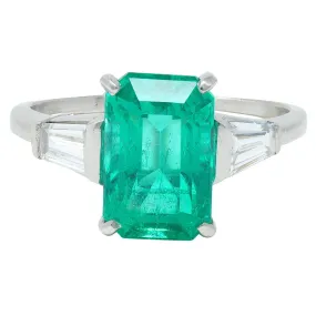 Mid-Century 3.43 CTW Colombian Emerald Diamond Platinum Three Stone Vintage Ring AGL