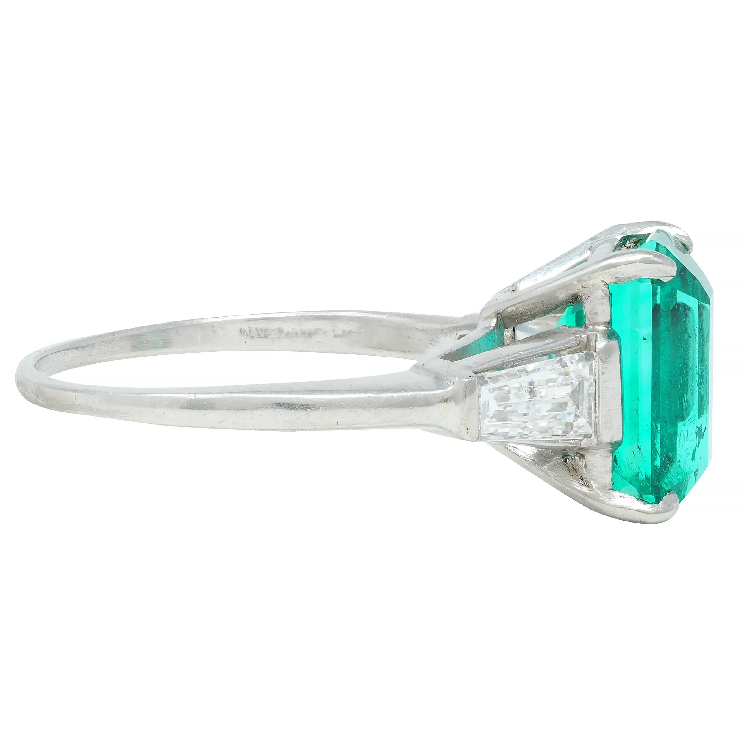 Mid-Century 3.43 CTW Colombian Emerald Diamond Platinum Three Stone Vintage Ring AGL