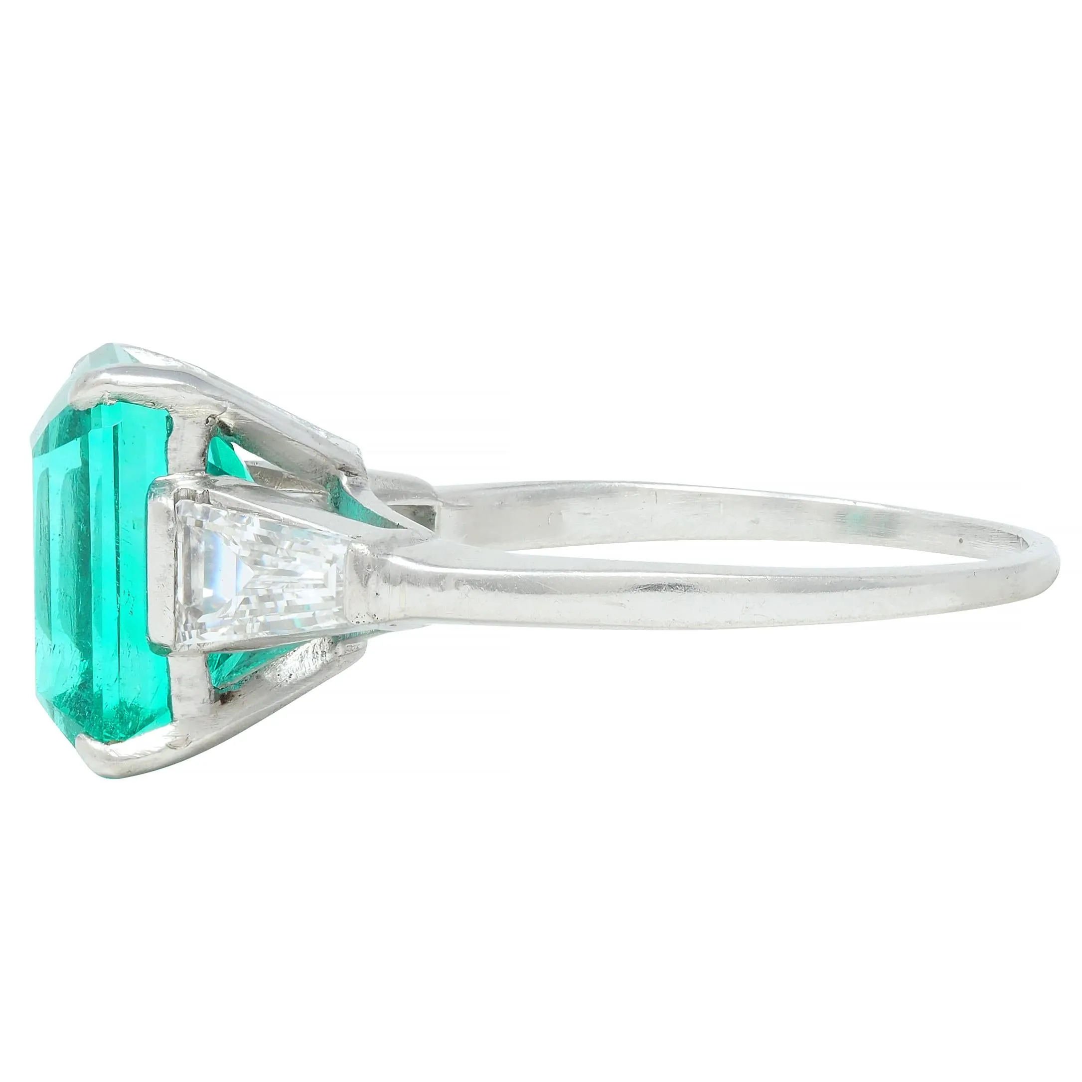 Mid-Century 3.43 CTW Colombian Emerald Diamond Platinum Three Stone Vintage Ring AGL