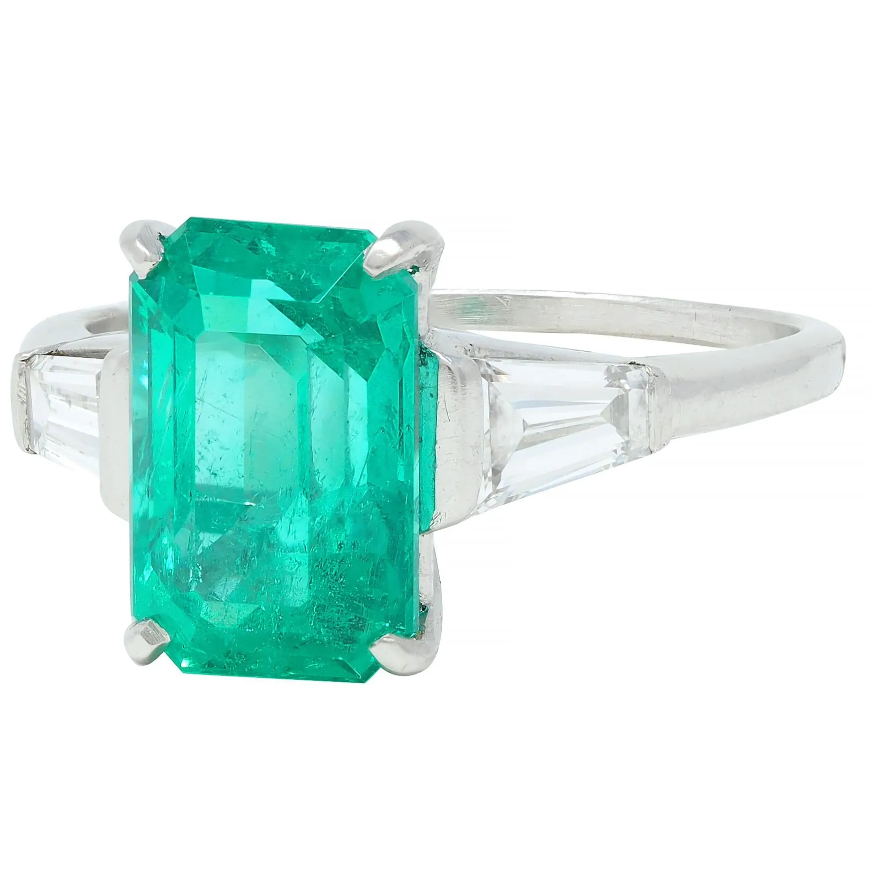 Mid-Century 3.43 CTW Colombian Emerald Diamond Platinum Three Stone Vintage Ring AGL