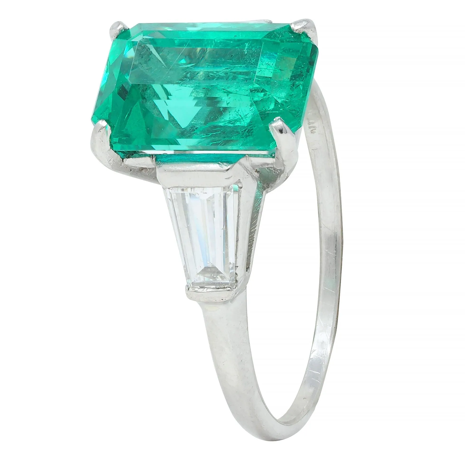 Mid-Century 3.43 CTW Colombian Emerald Diamond Platinum Three Stone Vintage Ring AGL