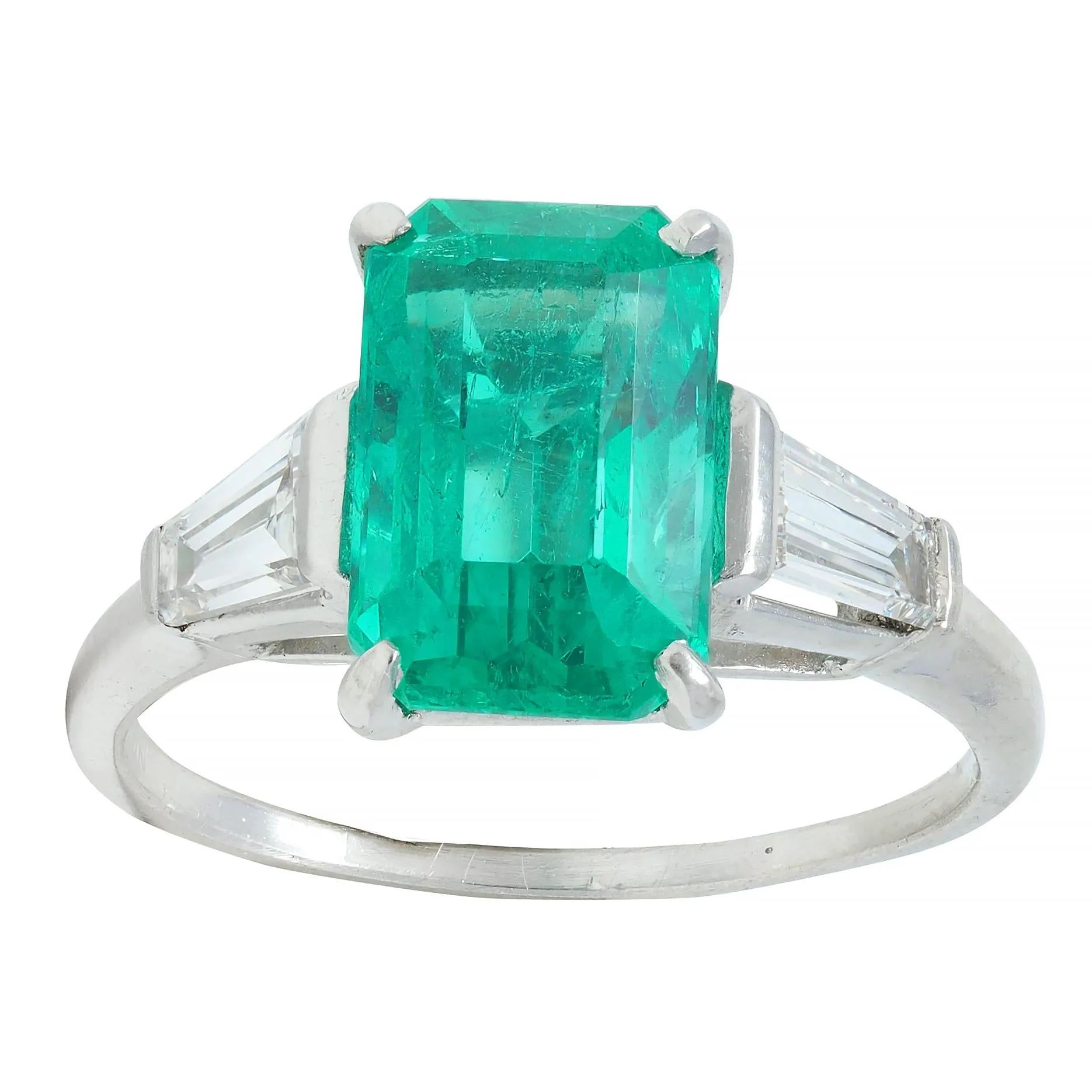 Mid-Century 3.43 CTW Colombian Emerald Diamond Platinum Three Stone Vintage Ring AGL