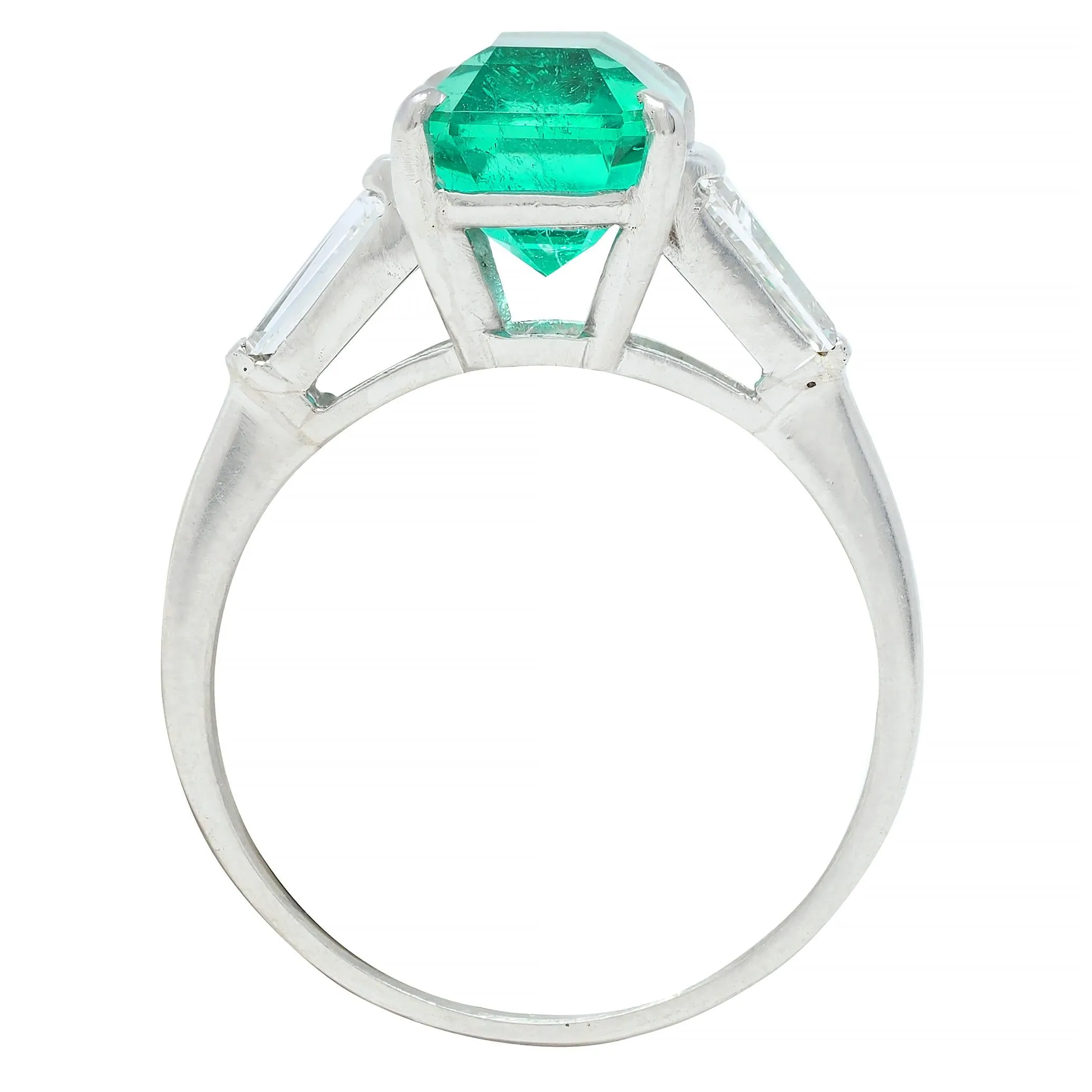 Mid-Century 3.43 CTW Colombian Emerald Diamond Platinum Three Stone Vintage Ring AGL