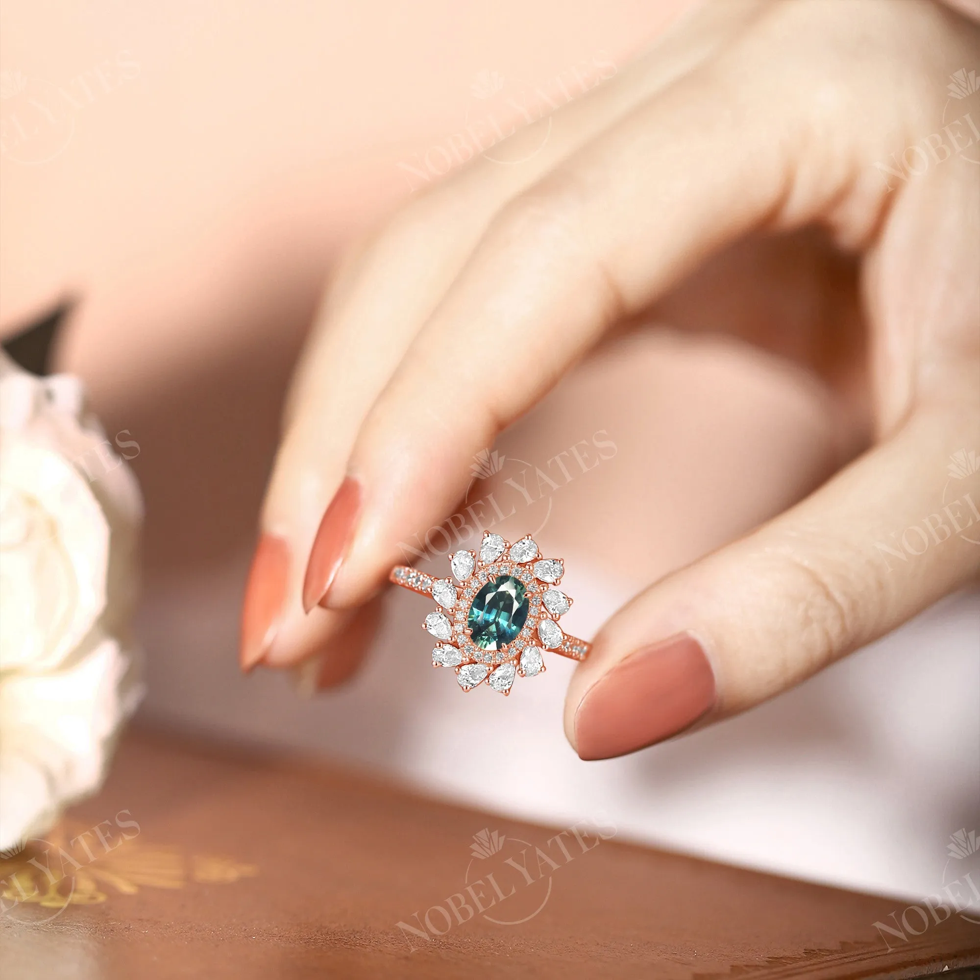 Moissanite Halo Teal Sapphire Vintage Engagement Ring Rose Gold