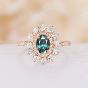 Moissanite Halo Teal Sapphire Vintage Engagement Ring Rose Gold