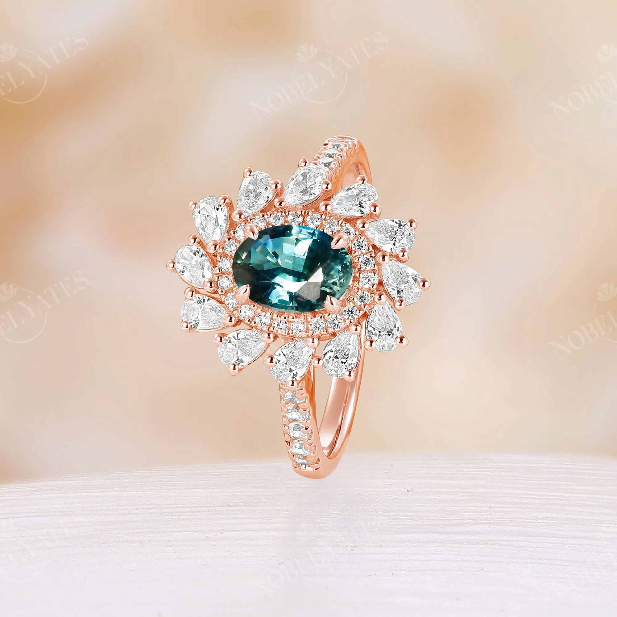 Moissanite Halo Teal Sapphire Vintage Engagement Ring Rose Gold