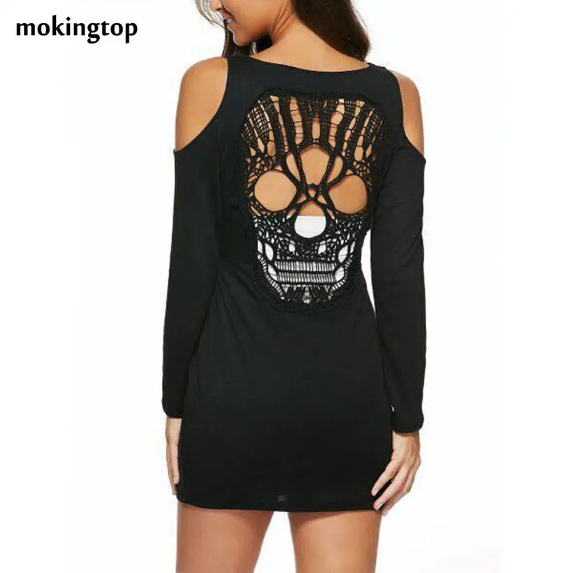 mokingtop Backless Dress Sexy Black Skull Hollow Out Long Sleeve Casual Dress Off Shoulder Dress Vestido Sexy#A11 SM6