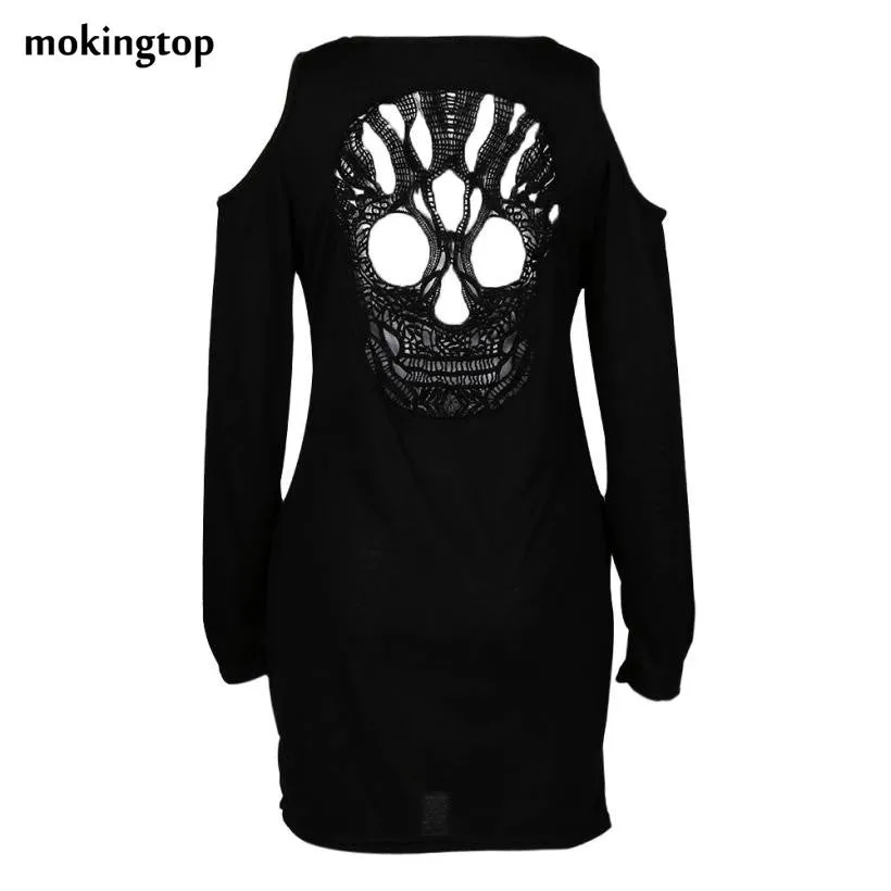 mokingtop Backless Dress Sexy Black Skull Hollow Out Long Sleeve Casual Dress Off Shoulder Dress Vestido Sexy#A11 SM6