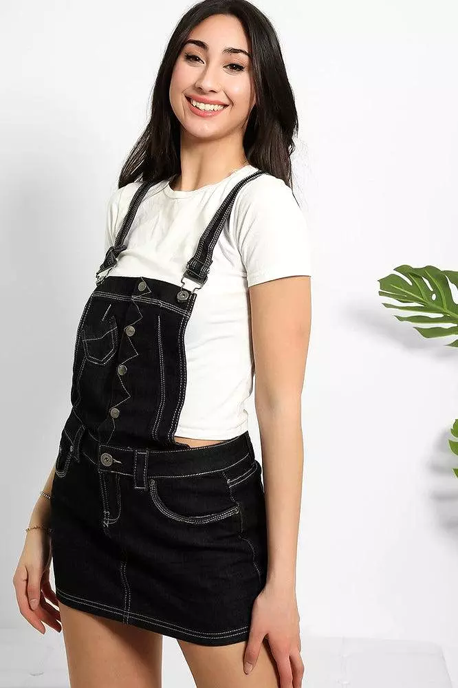 Navy Contrast Stitch Denim Dungaree Skirt