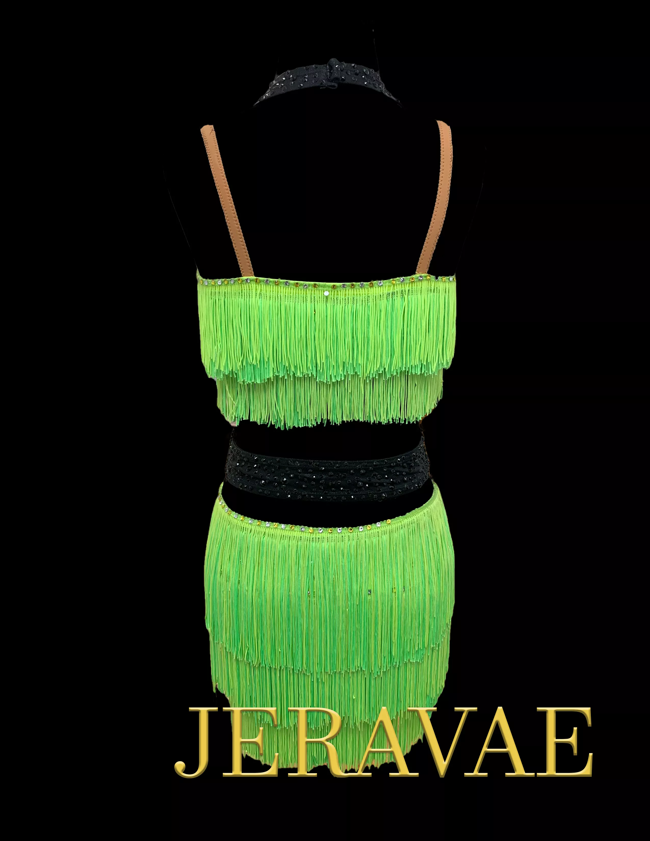 Neon Green Two Piece Latin Dress with Halter Top and Skirt with Layers of Fringe, Swarovski Stones, and Attached Black Waistband