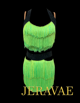 Neon Green Two Piece Latin Dress with Halter Top and Skirt with Layers of Fringe, Swarovski Stones, and Attached Black Waistband