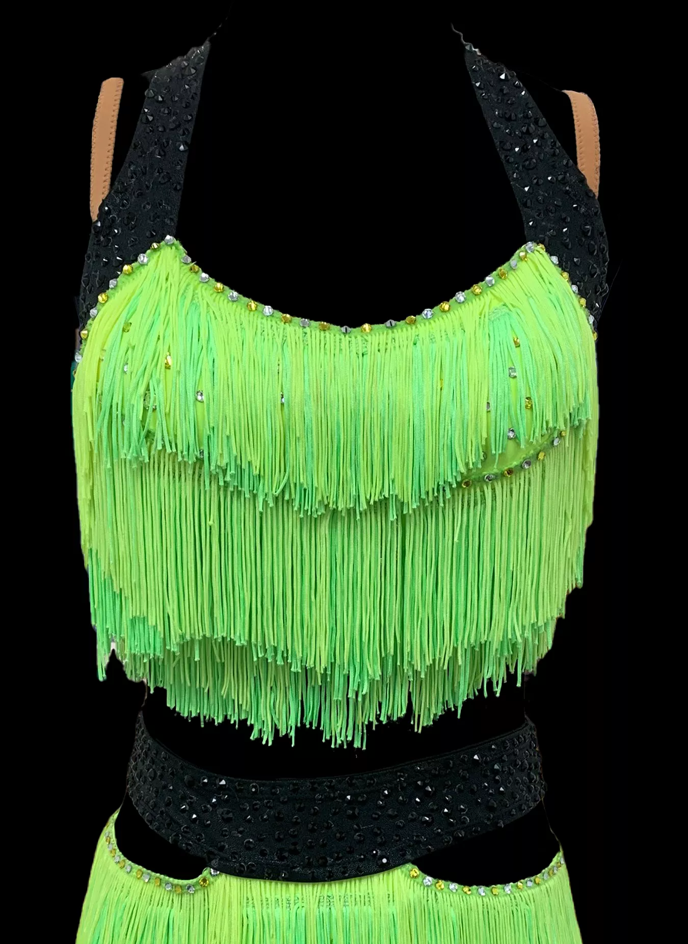 Neon Green Two Piece Latin Dress with Halter Top and Skirt with Layers of Fringe, Swarovski Stones, and Attached Black Waistband