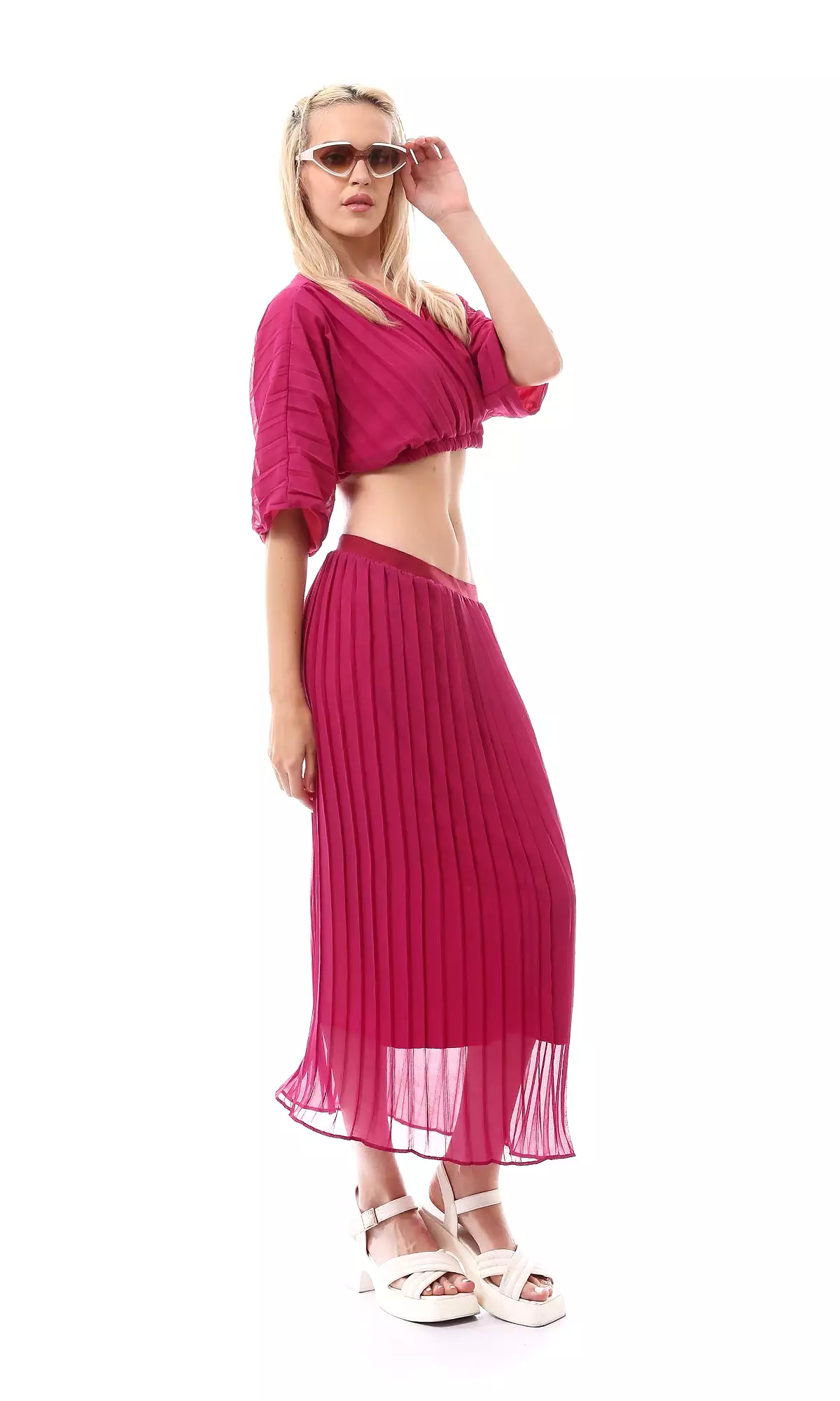 O166416 Elastic Waist Dark Fuchsia Plisse Skirt