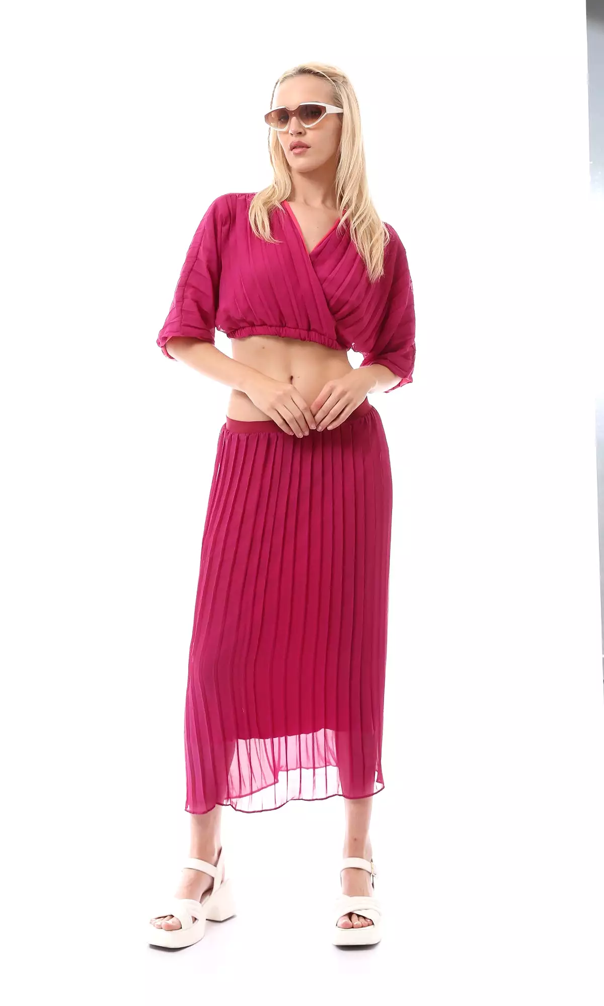 O166416 Elastic Waist Dark Fuchsia Plisse Skirt