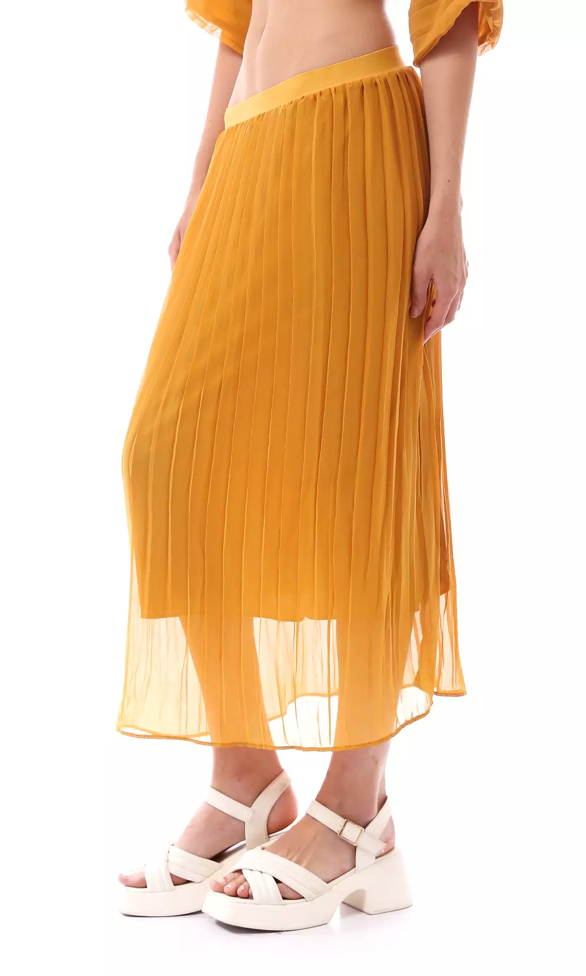 O166417 Mustard Slip On Summer Plisse Skirt