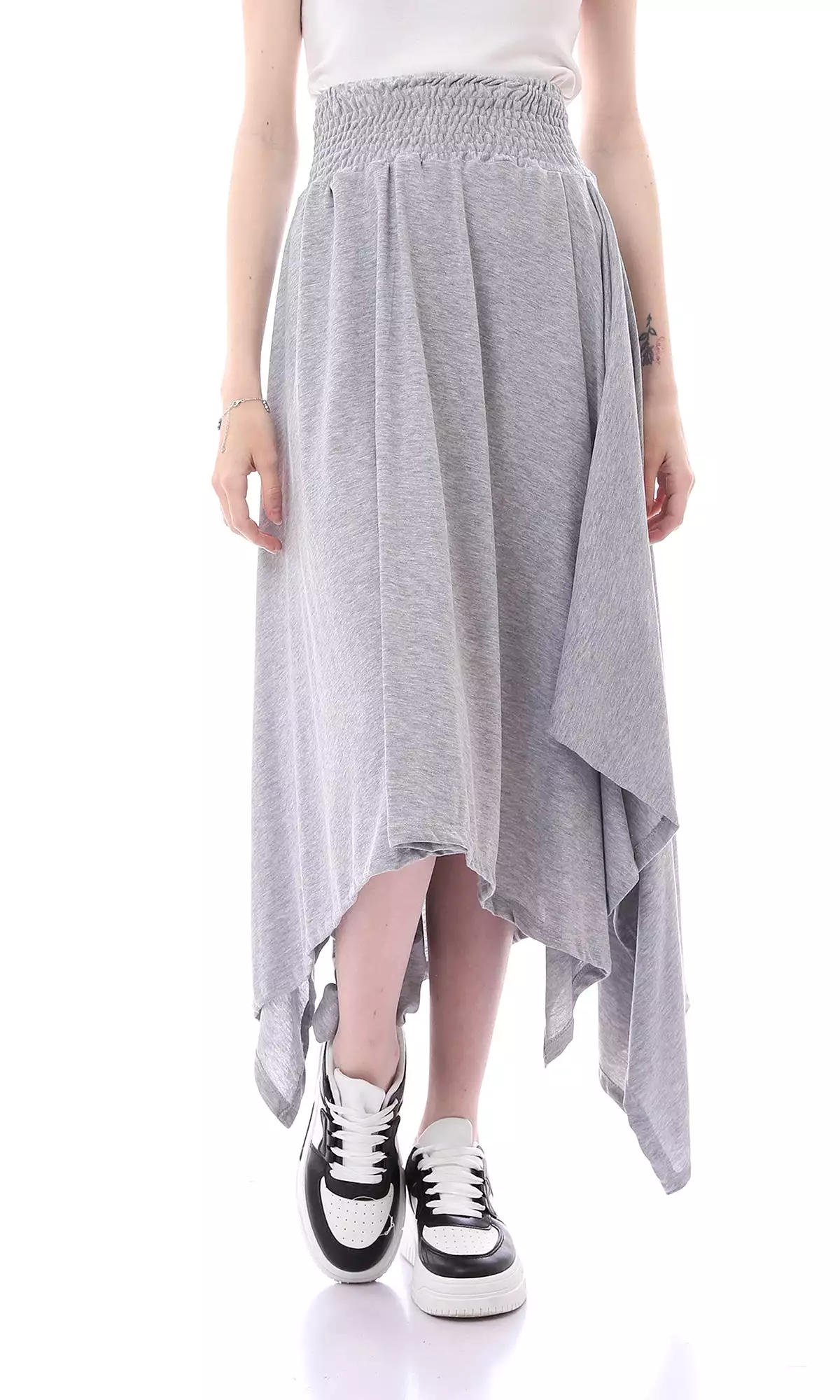 O167087 Casual Heather Grey Asymmetrical Skirt With Elastic Waist