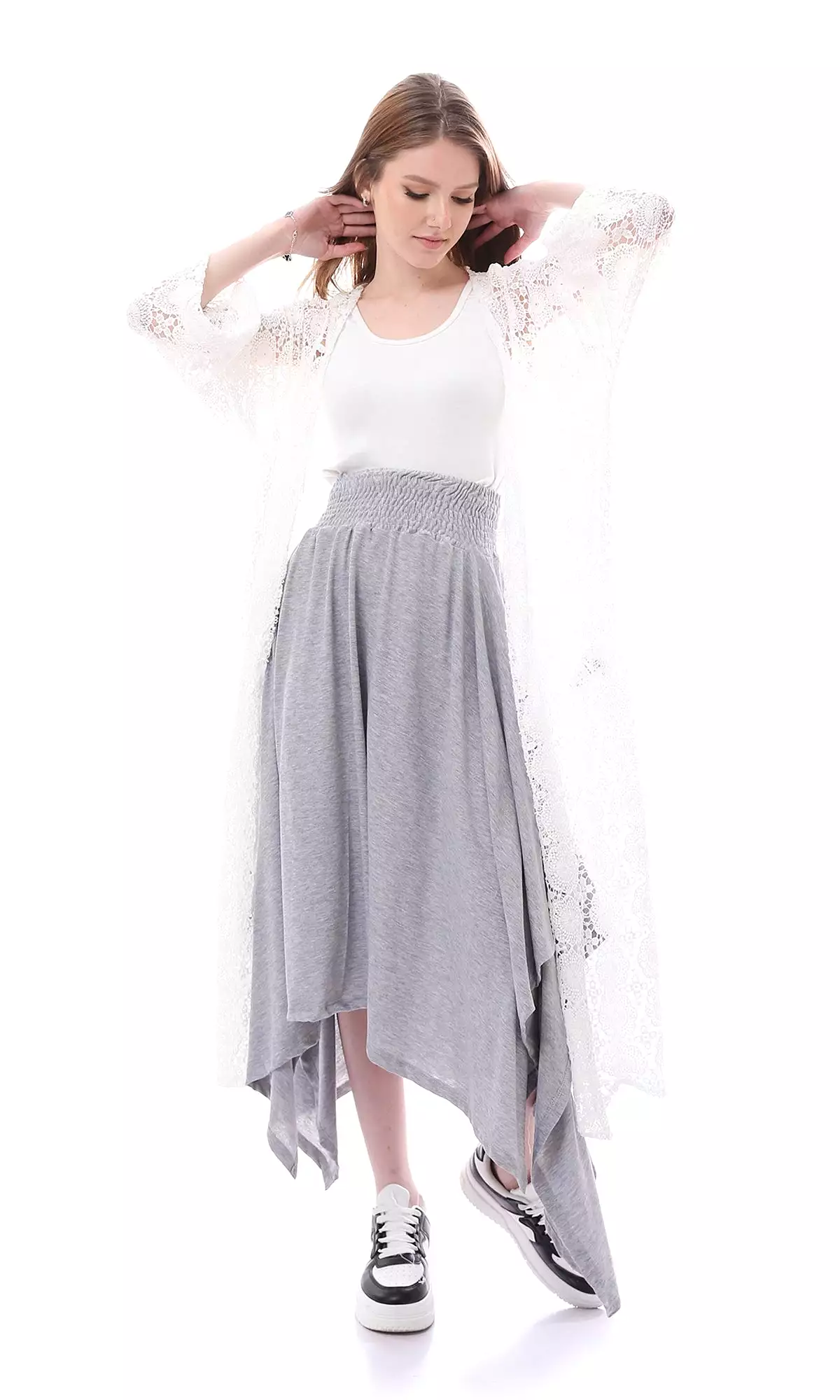 O167087 Casual Heather Grey Asymmetrical Skirt With Elastic Waist