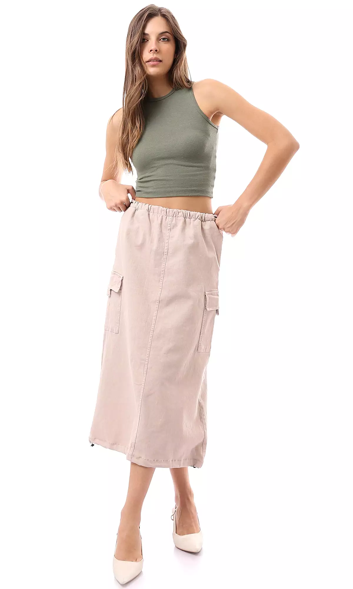 O168062 Adjustable Elastic Waist Beige Midi Skirt