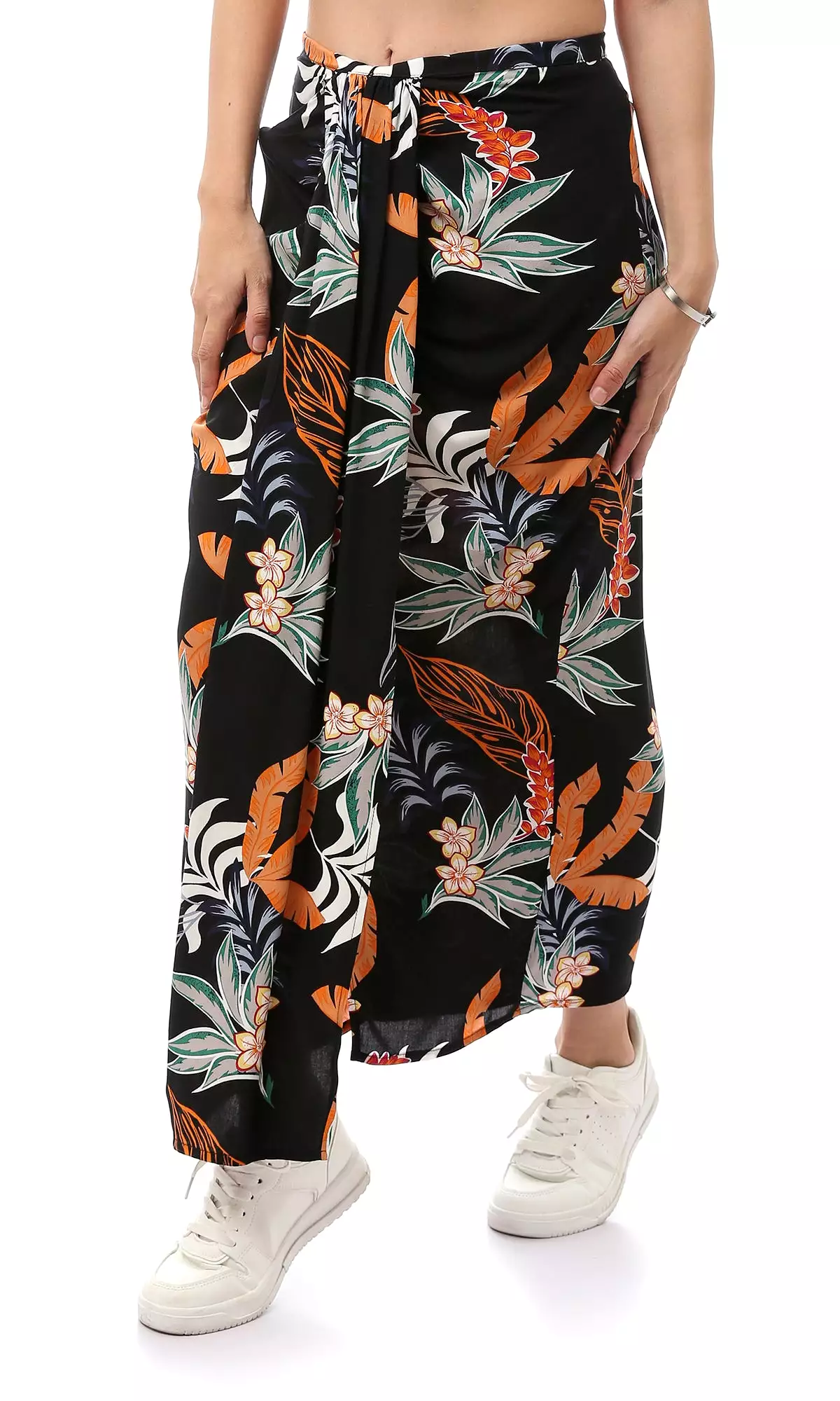 O168530 Floral Polyester Black Midi Skirt