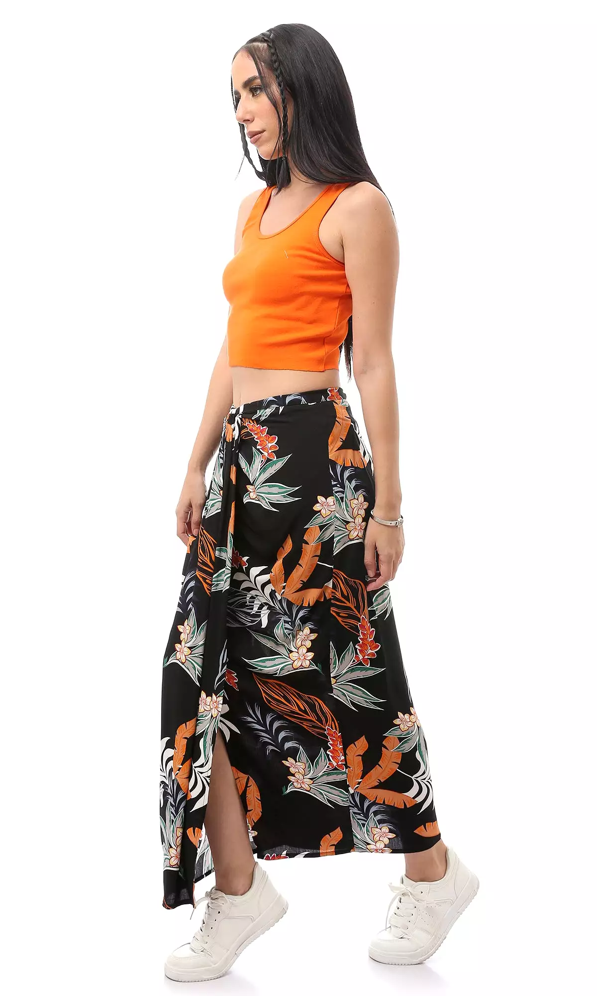 O168530 Floral Polyester Black Midi Skirt