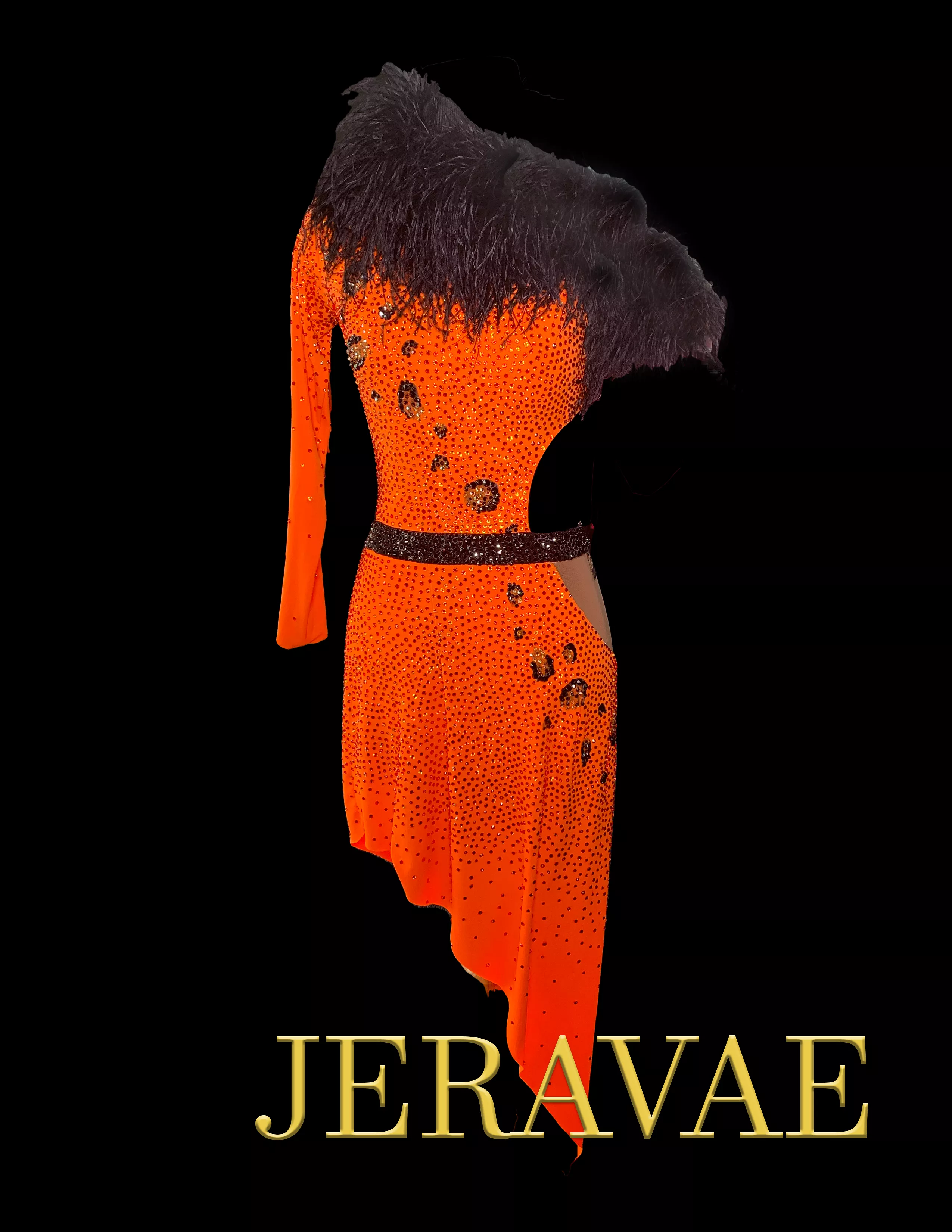 Orange Latin Dress with Single Long Sleeve, Side Cutout, Black Feather Collar, Asymmetrical Skirt, Swarovski Stones, and Nude Me