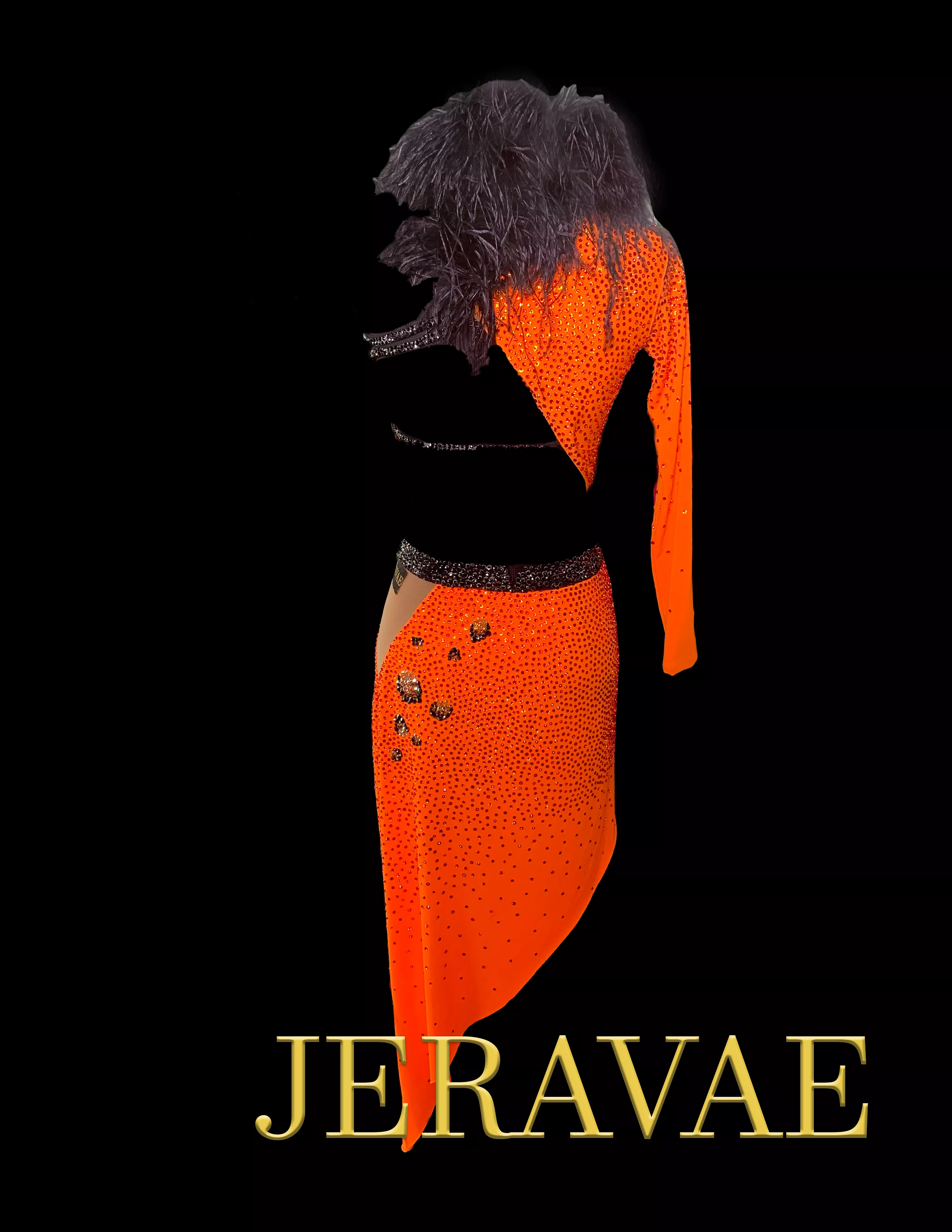 Orange Latin Dress with Single Long Sleeve, Side Cutout, Black Feather Collar, Asymmetrical Skirt, Swarovski Stones, and Nude Me