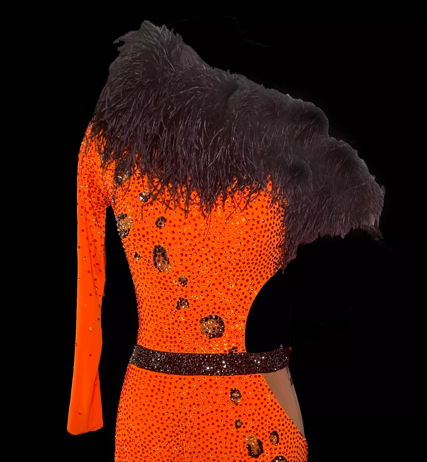 Orange Latin Dress with Single Long Sleeve, Side Cutout, Black Feather Collar, Asymmetrical Skirt, Swarovski Stones, and Nude Me