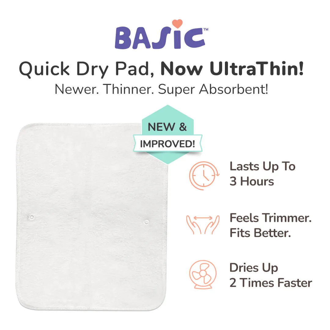 Pack of 3 BASIC Diaper, New & Improved with EasySnap & Quick Dry UltraThin Pad - (3 Shell + 3 Pads) - No Print Choice