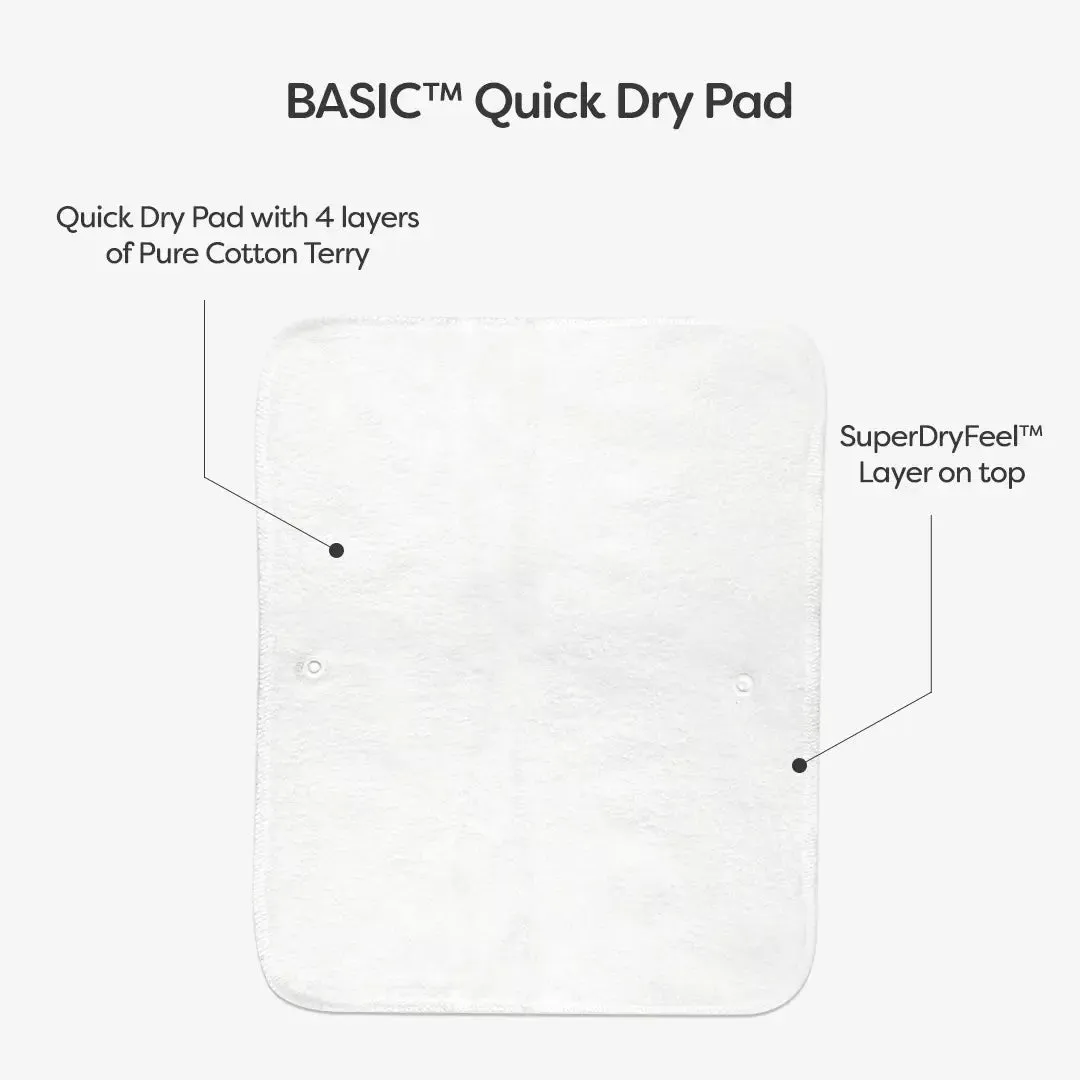 Pack of 3 BASIC Diaper, New & Improved with EasySnap & Quick Dry UltraThin Pad - (3 Shell + 3 Pads) - No Print Choice