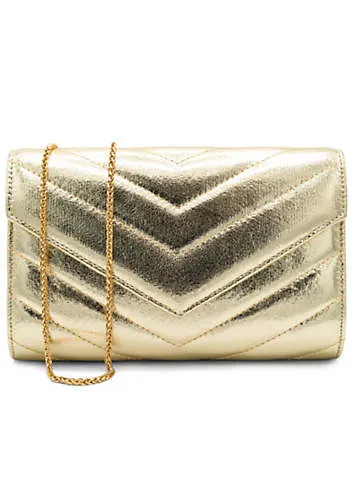 Paradox London Champagne Metallic ’Dextra’ Quilted Clutch Bag | Grattan