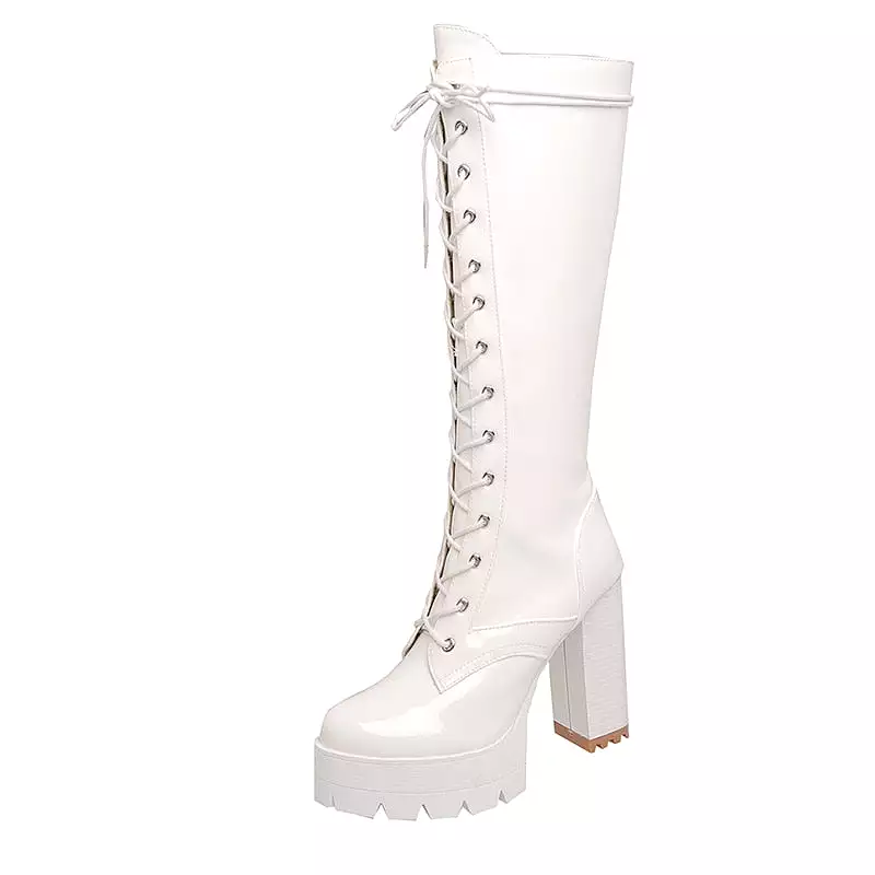 Patent Leather White Knee High Boots Lace Up Ladies Platform Boots High Heels Shoes