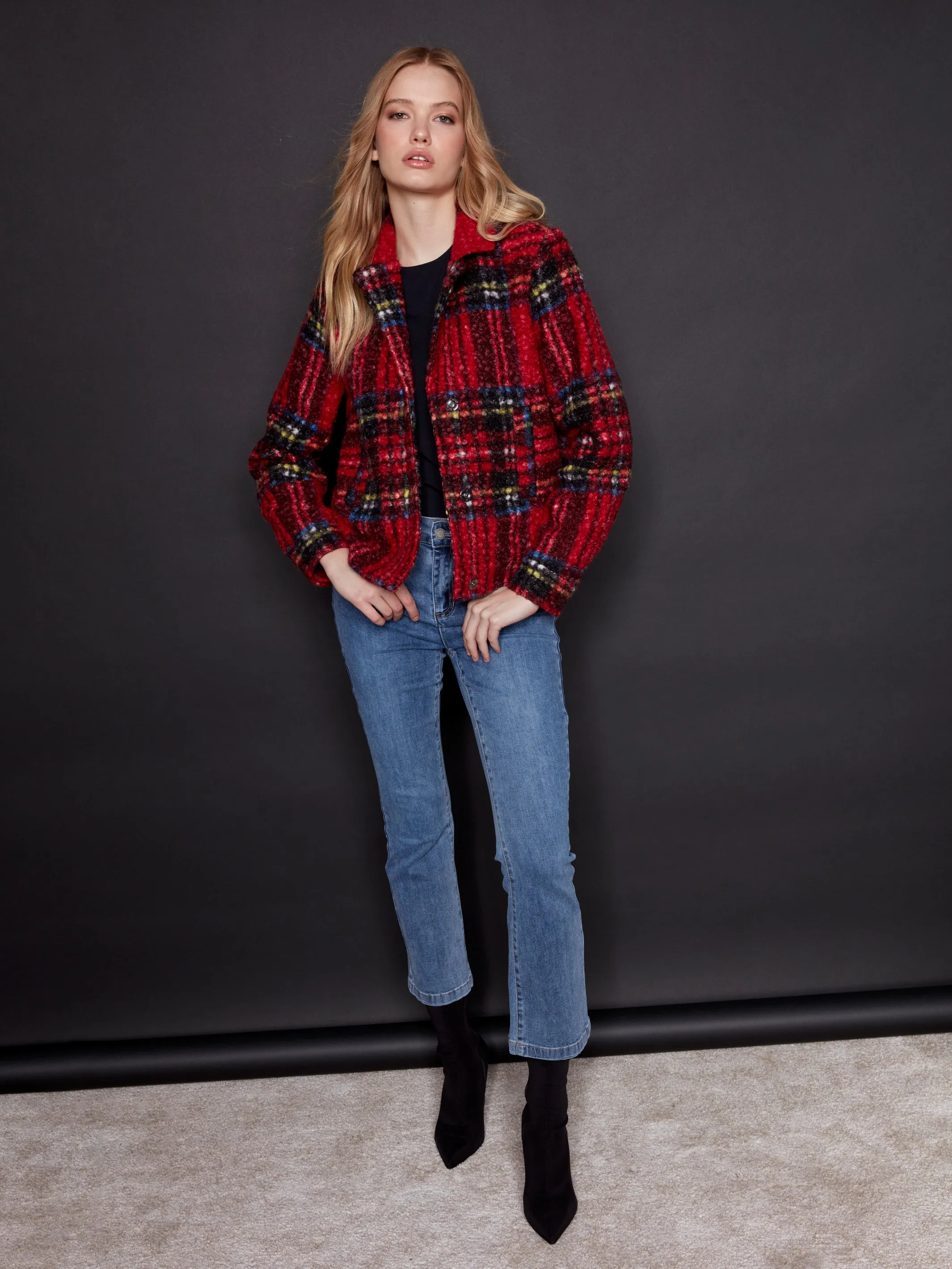 Plaid Bouclé Knit Short Coat - Cranberry