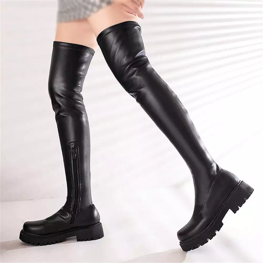 Platform Boots Warm Plush Square Heels Round Toe Over The Knee Boots Winter Shoes