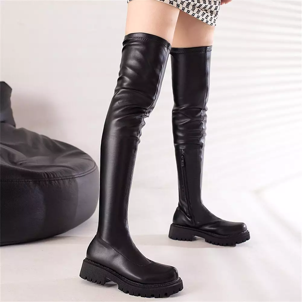 Platform Boots Warm Plush Square Heels Round Toe Over The Knee Boots Winter Shoes