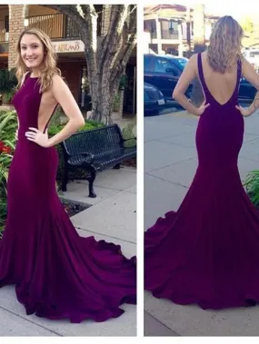 Plum Backless Mermaid Spandex Prom Dress Formal Dress with Low V Back